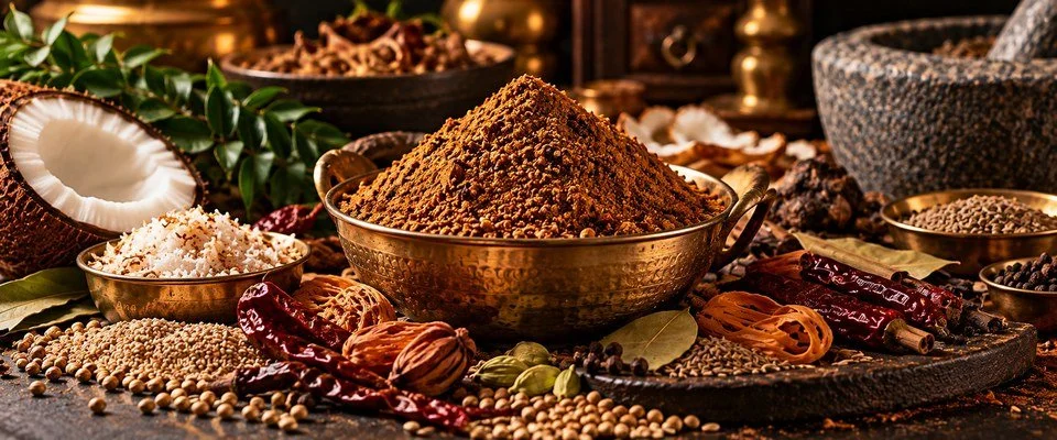 Brown masala in a brass-coloured bowl beside coconut, seeds, dried chillies and whole spices.