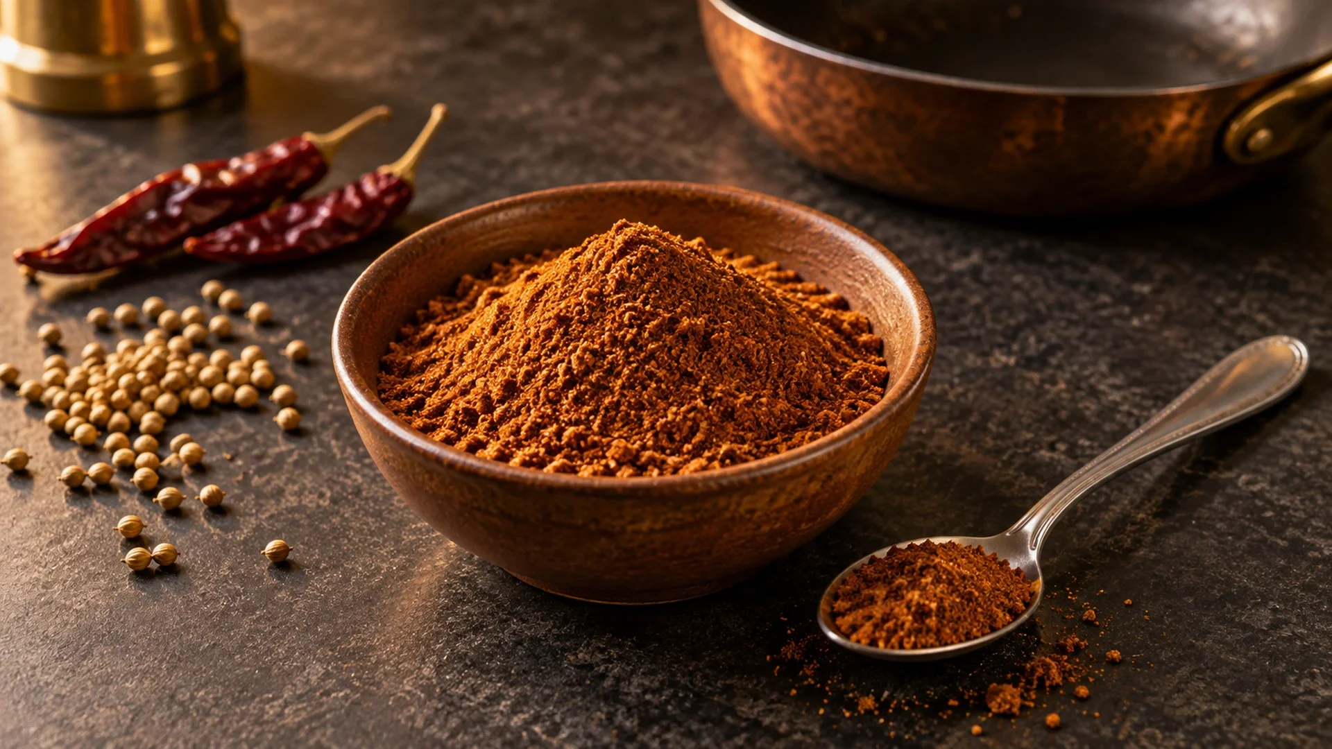 Brown-red bisi bele bath masala in a ceramic bowl with a steel spoon, coriander seeds and two dried chillies.