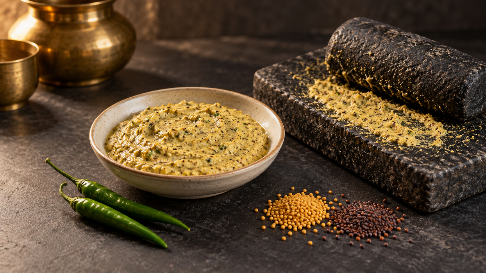 Ochre mustard paste in a shallow bowl beside green chillies, yellow and brown mustard seeds, and a stone grinding slab and roller.