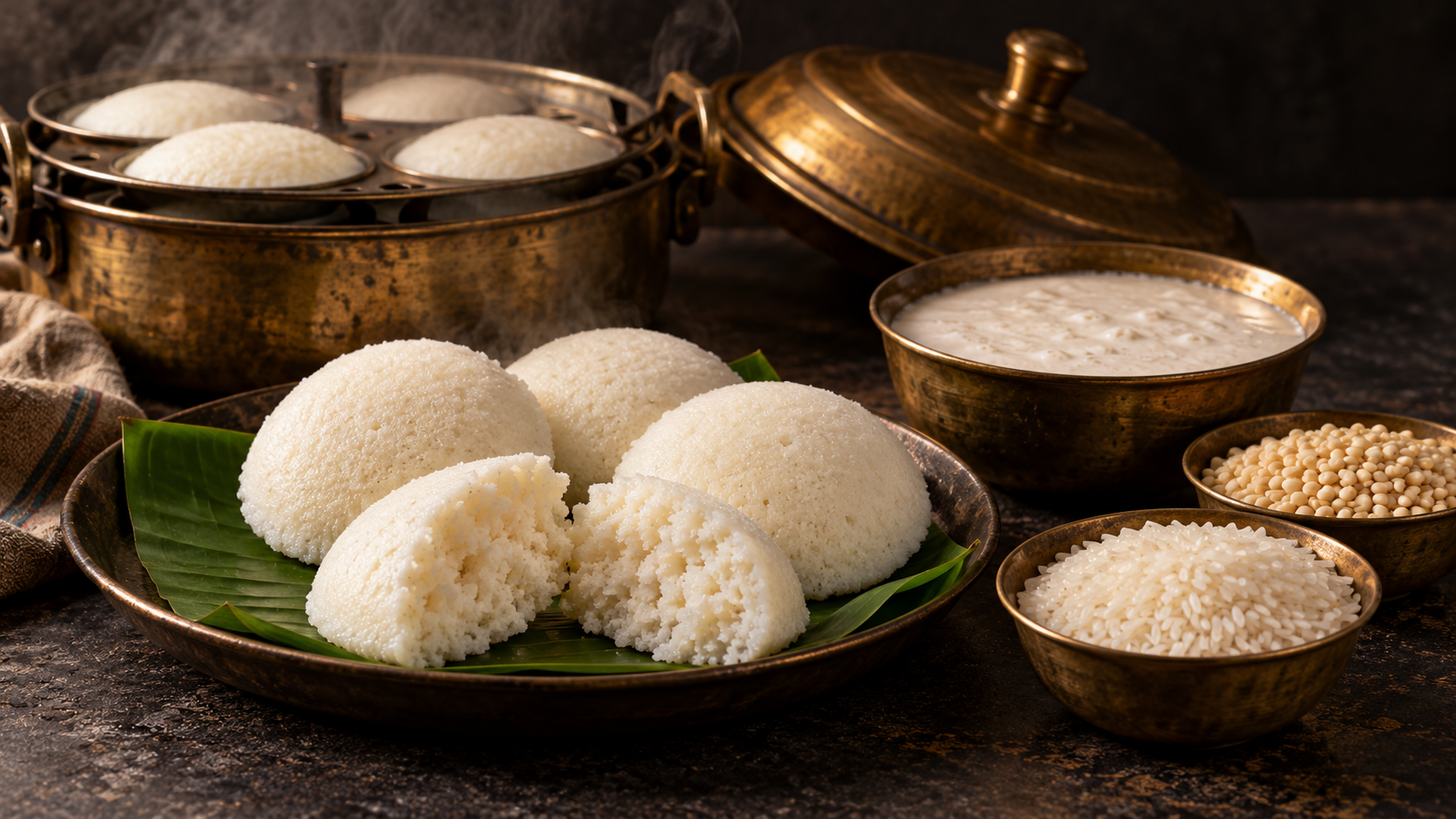Soft white idlis on banana leaf, one broken open to reveal airy texture, with rice, urad dal, batter and an idli steamer