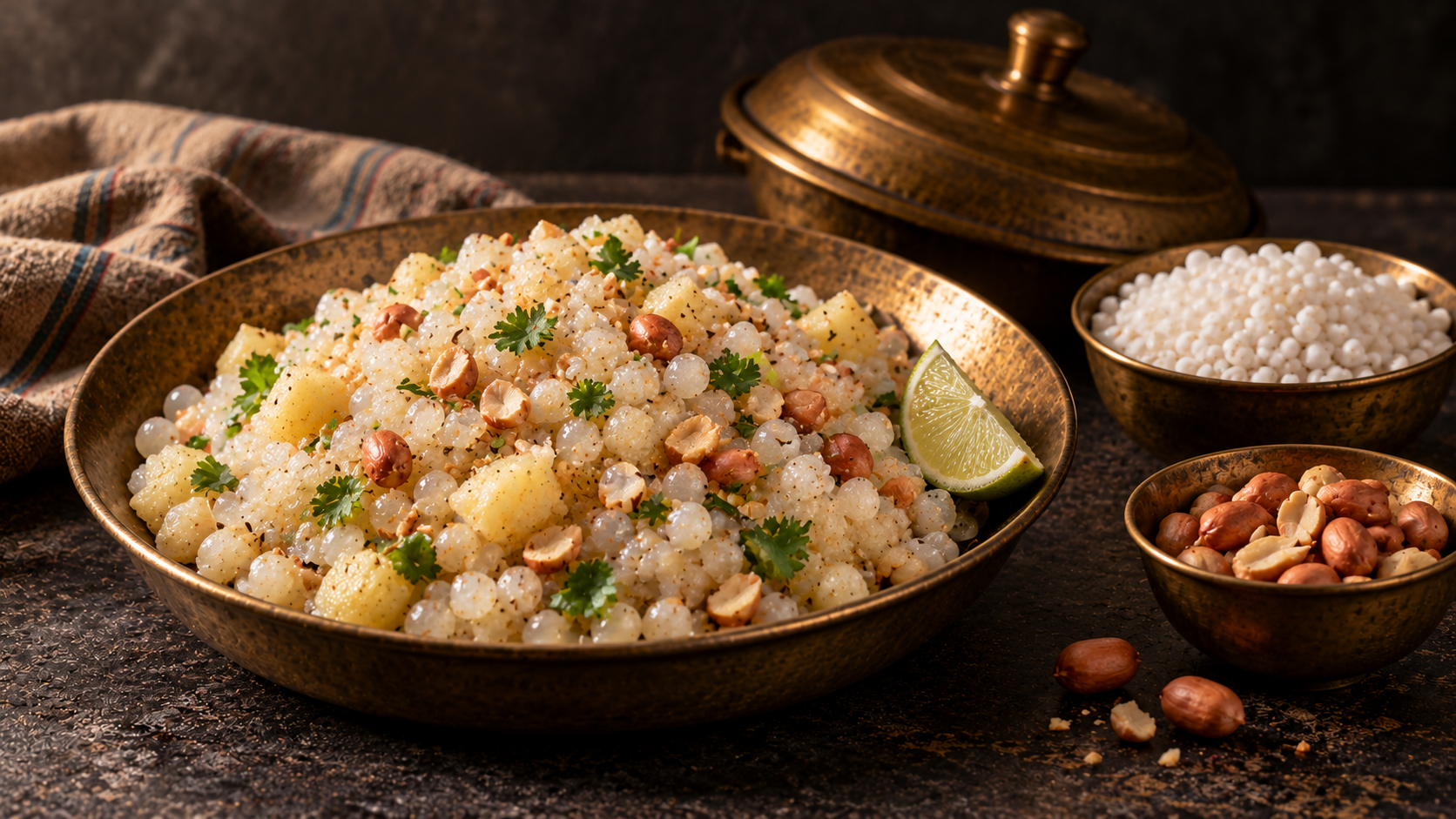 Sabudana khichdi with translucent tapioca pearls, peanuts, potato, coriander and lime