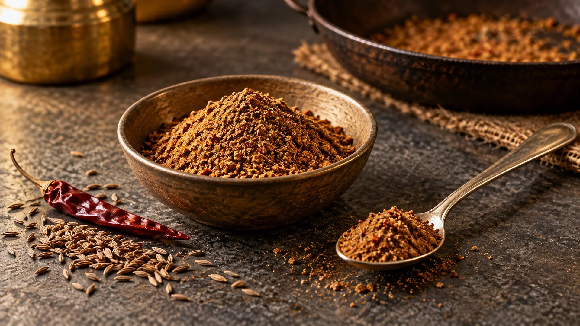 Coarse brown bhaja moshla in a bowl and spoon beside cumin seeds and a dried chilli, with a blurred roasting pan behind.