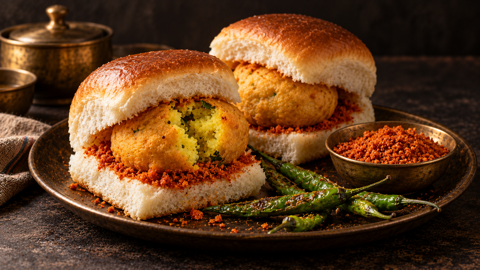 Vada pav with dry garlic chutney and fried green chillies, one vada broken to show its potato filling