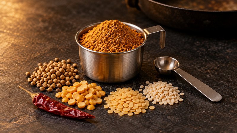 Ochre Sambar podi in a steel measure beside coriander seeds, separate yellow and ivory pulse portions, a dried chilli and a steel measuring spoon.