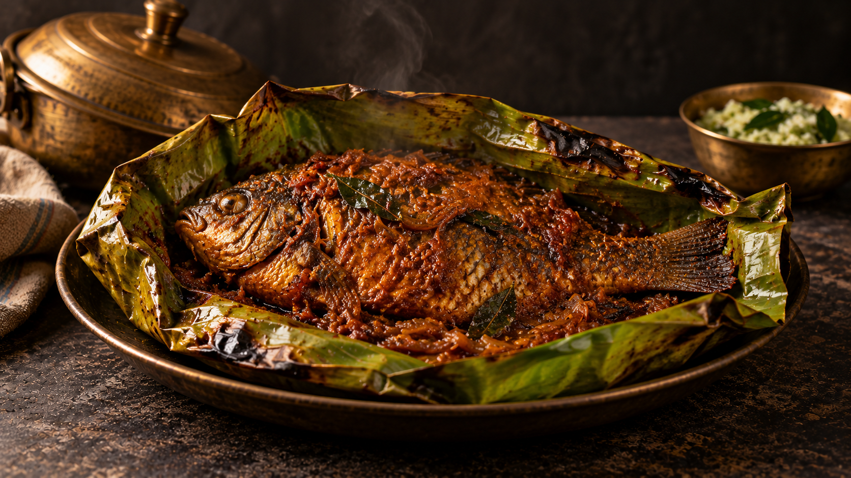 A whole masala-coated fish in an opened, heat-wilted banana-leaf parcel