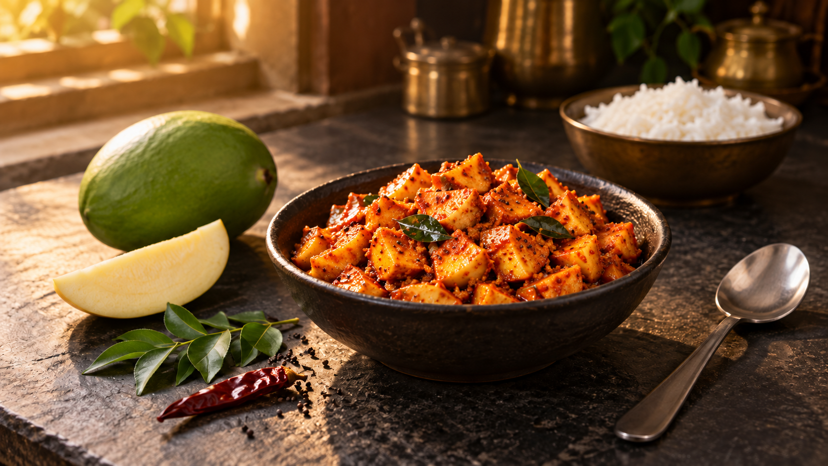 Peeled green-mango pieces coated in red chilli seasoning in a dark bowl, beside a whole raw mango, peeled wedge, curry leaves, dried chilli and a steel spoon, with rice behind.