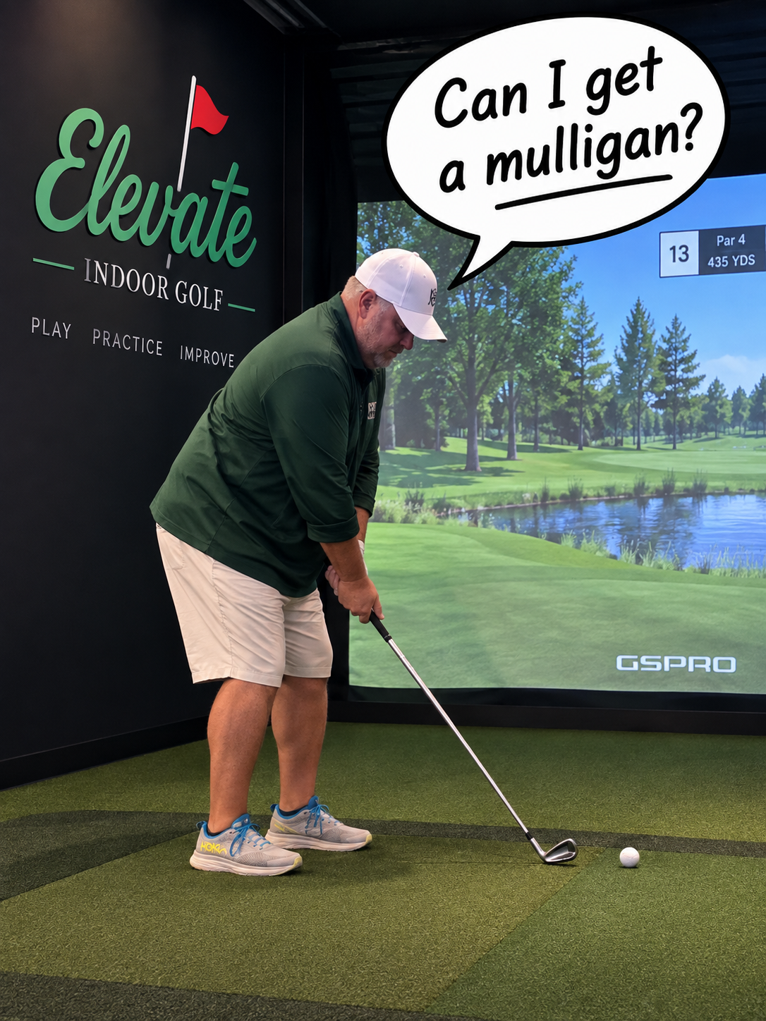 Rookie playing in an Elevate Indoor Golf simulator with a speech bubble that says Can I get a mulligan?