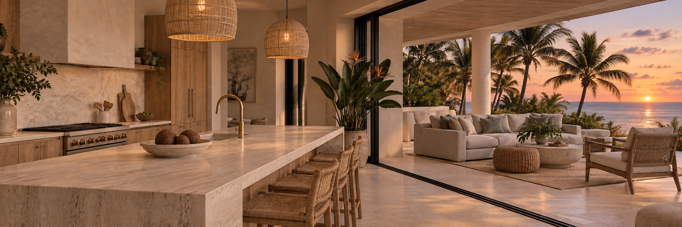 Coastal kitchen and terrace at sunset