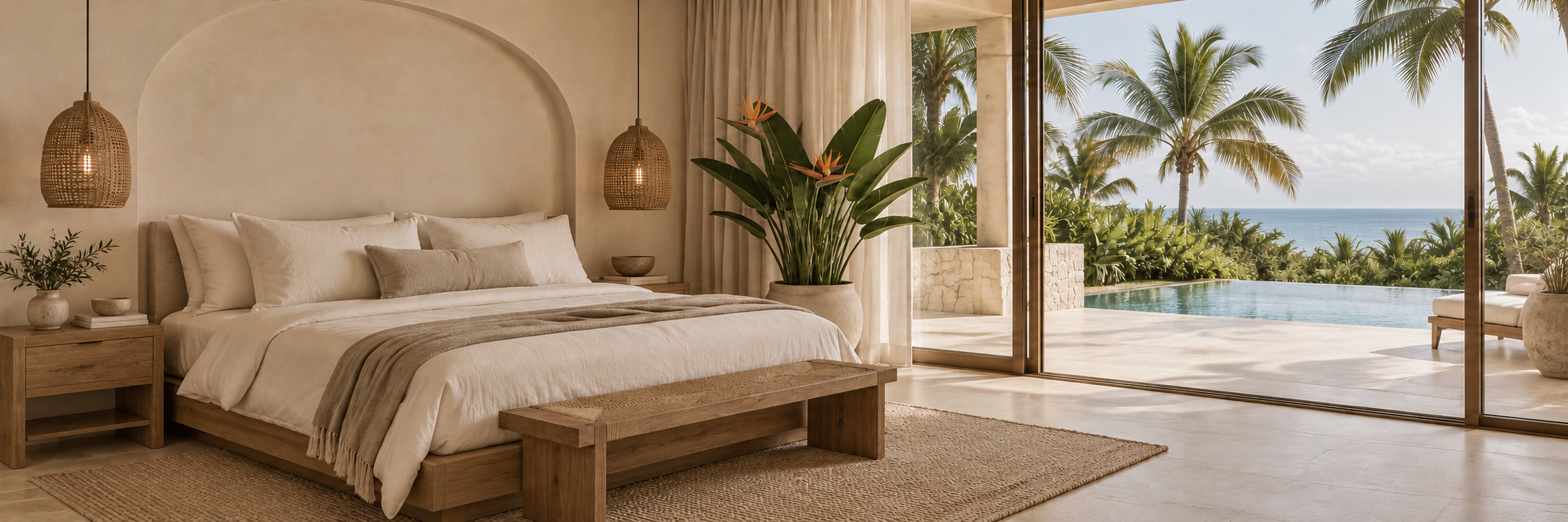 Coastal bedroom with two woven pendant lights