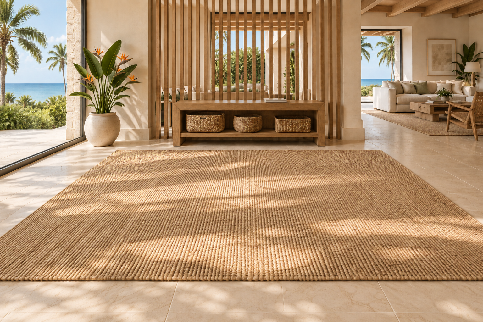 Coastal hallway with a simple console and palm tree views