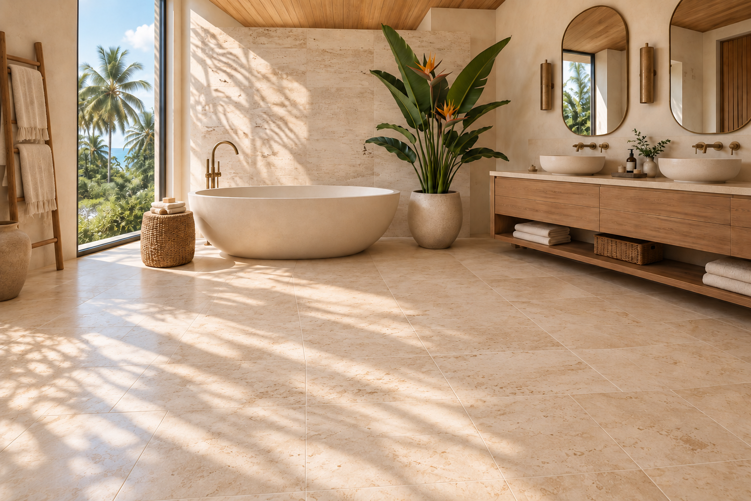 Pristine coastal bathroom with stone bathtub and bird of paradise