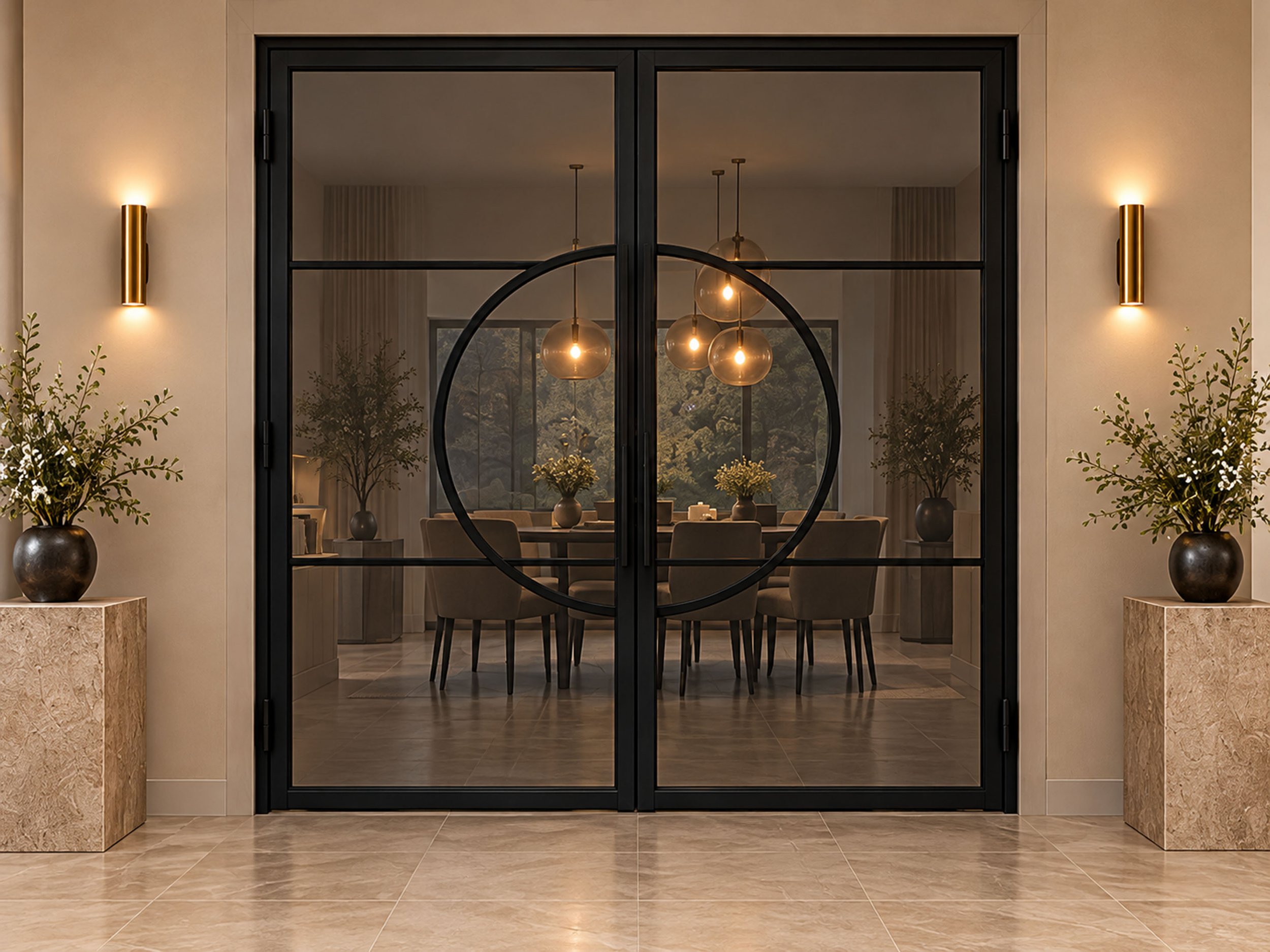 Dubbele deur met rookglas in een warm interieur