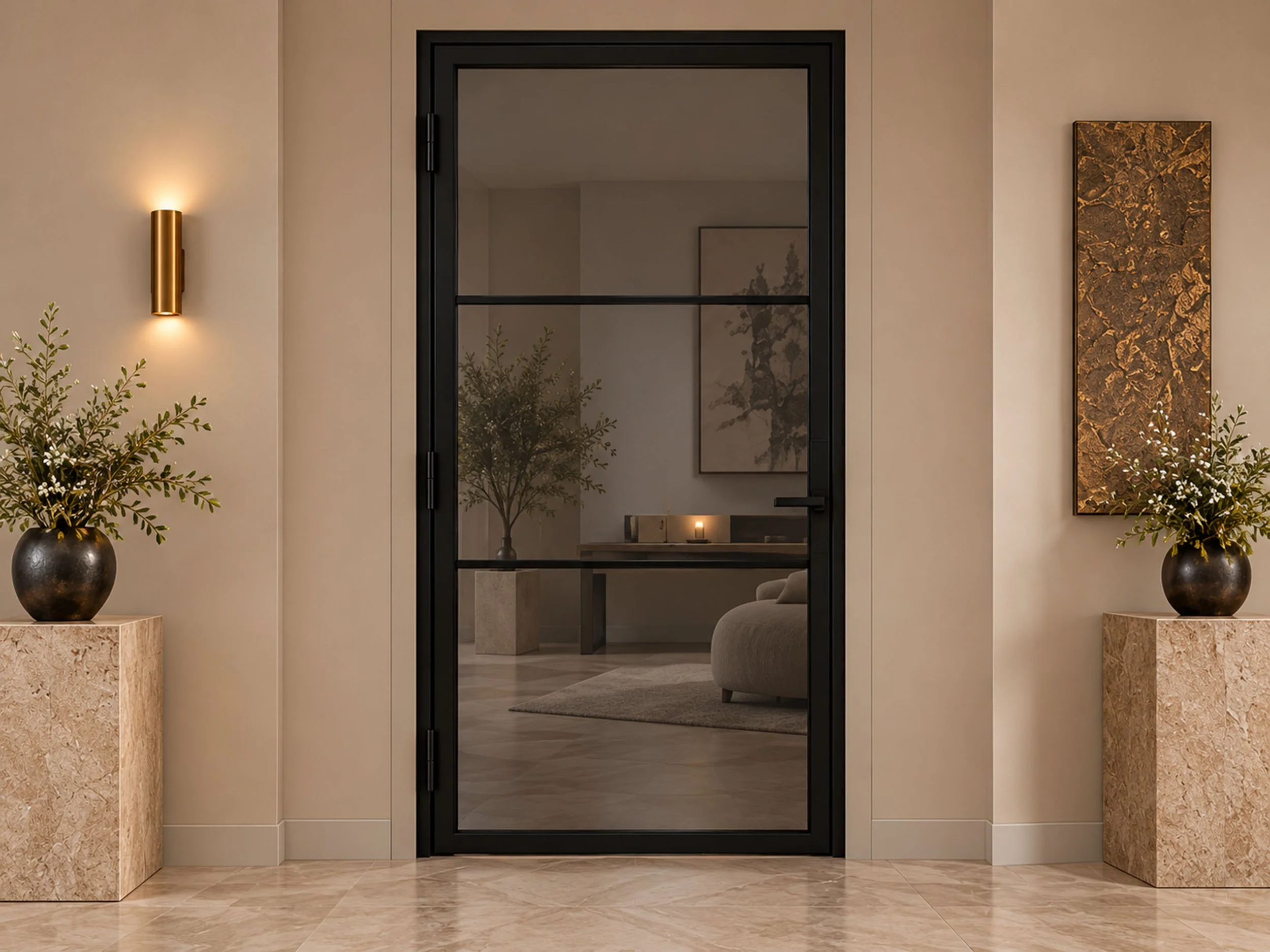 Enkele deur met rookglas in een warm interieur