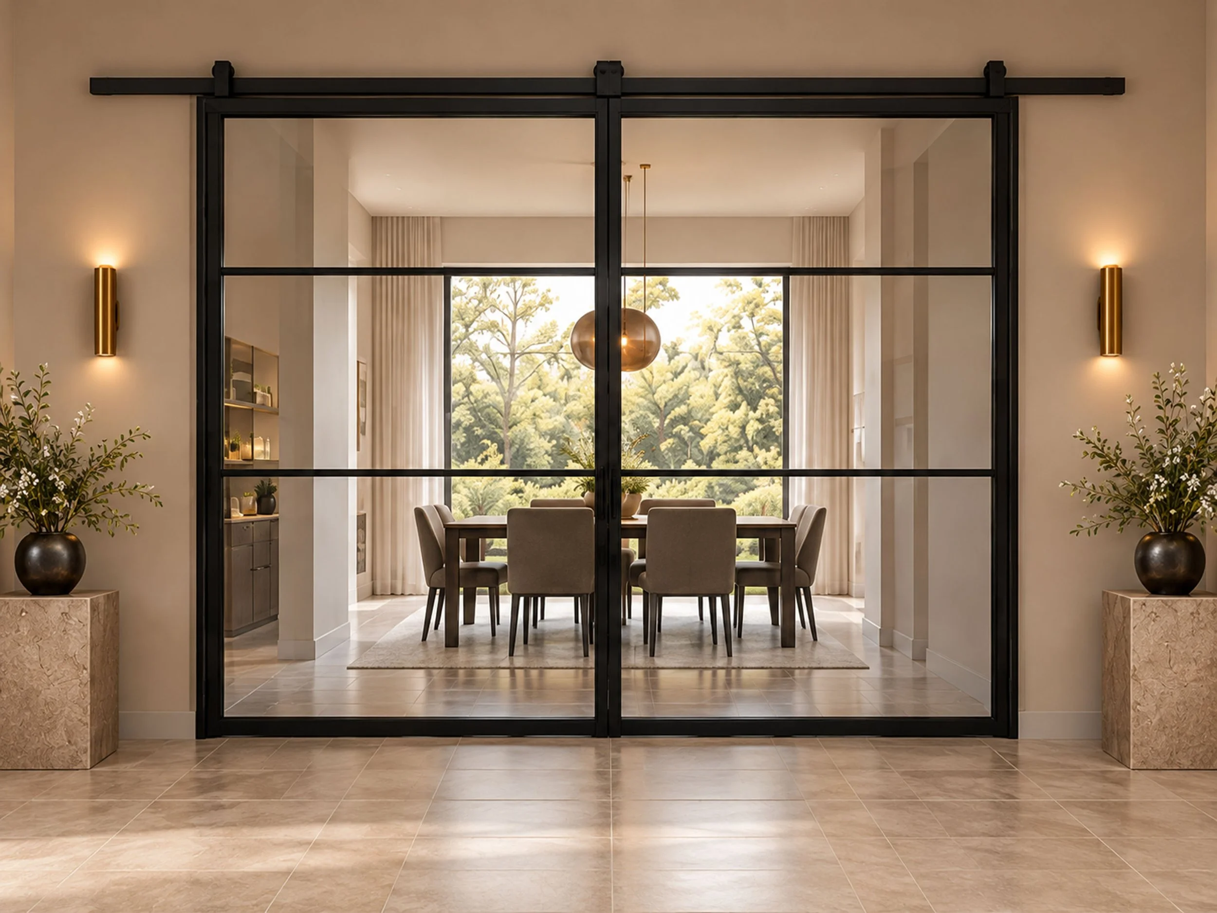Dubbele schuifdeur in een warm interieur