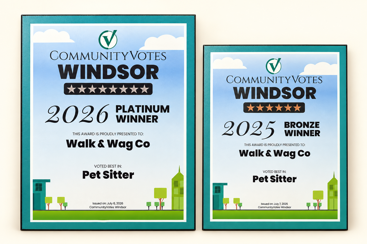 Walk & Wag Co. CommunityVotes Windsor Pet Sitter plaques: 2026 Platinum Winner, with 2025 Bronze Winner alongside.