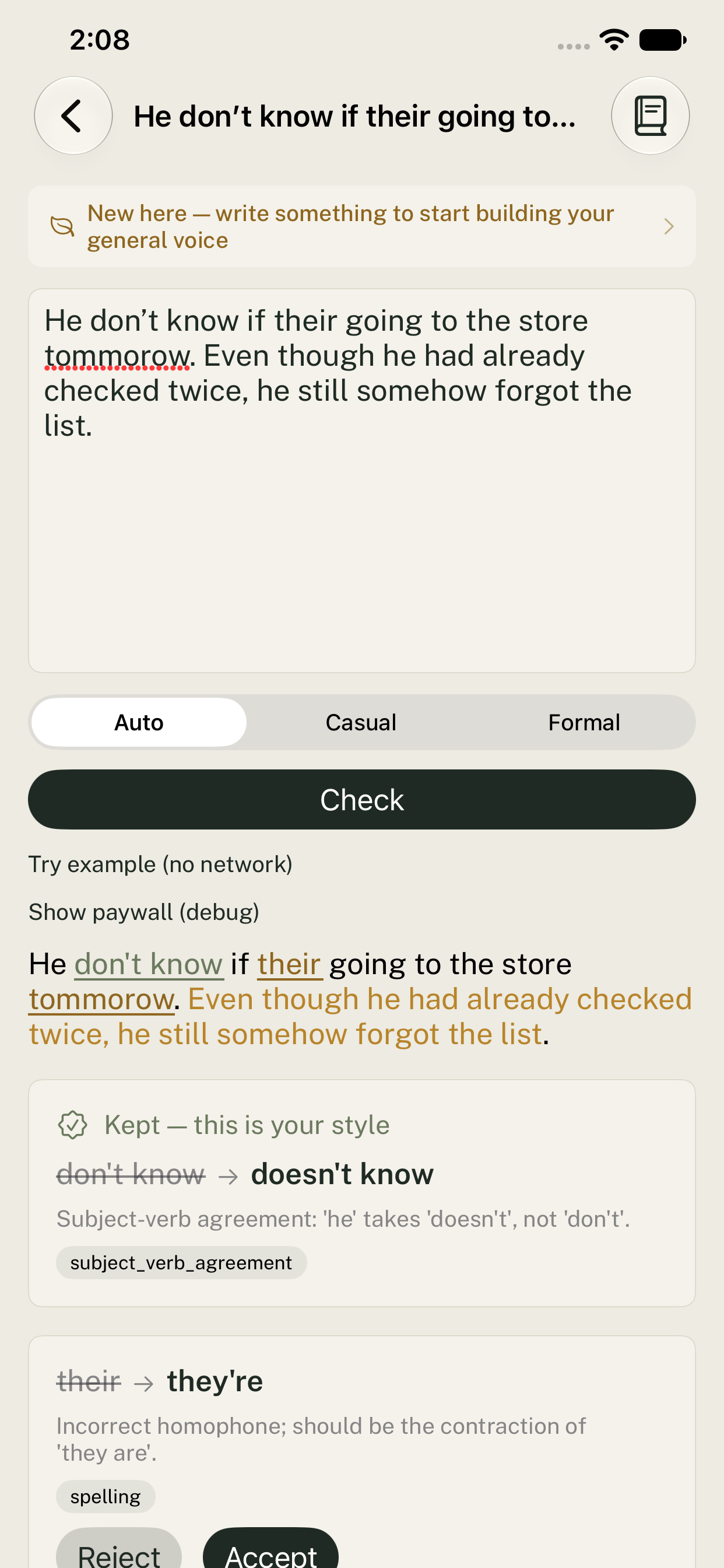 CadenceProse flagging a real grammar error while keeping a stylistic sentence, tagged kept, this is your style