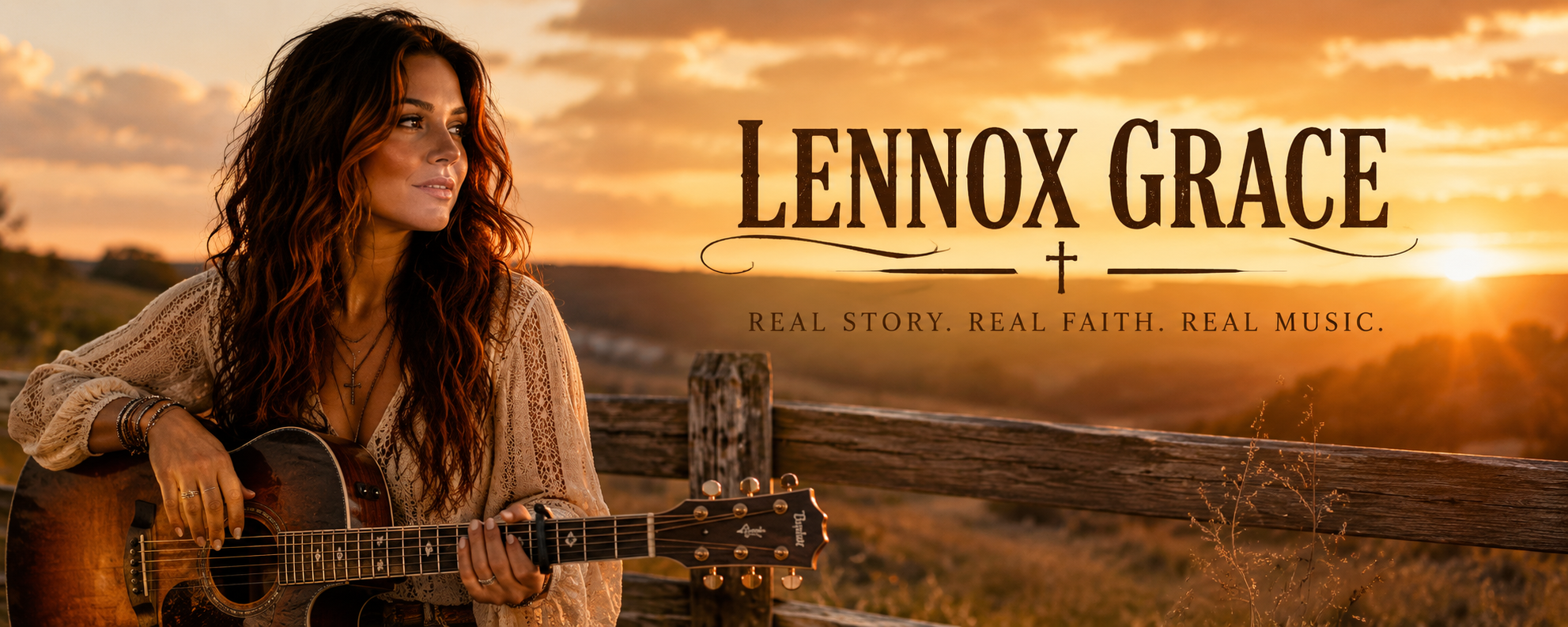 Lennox Grace with her guitar at golden hour — real story, real faith, real music