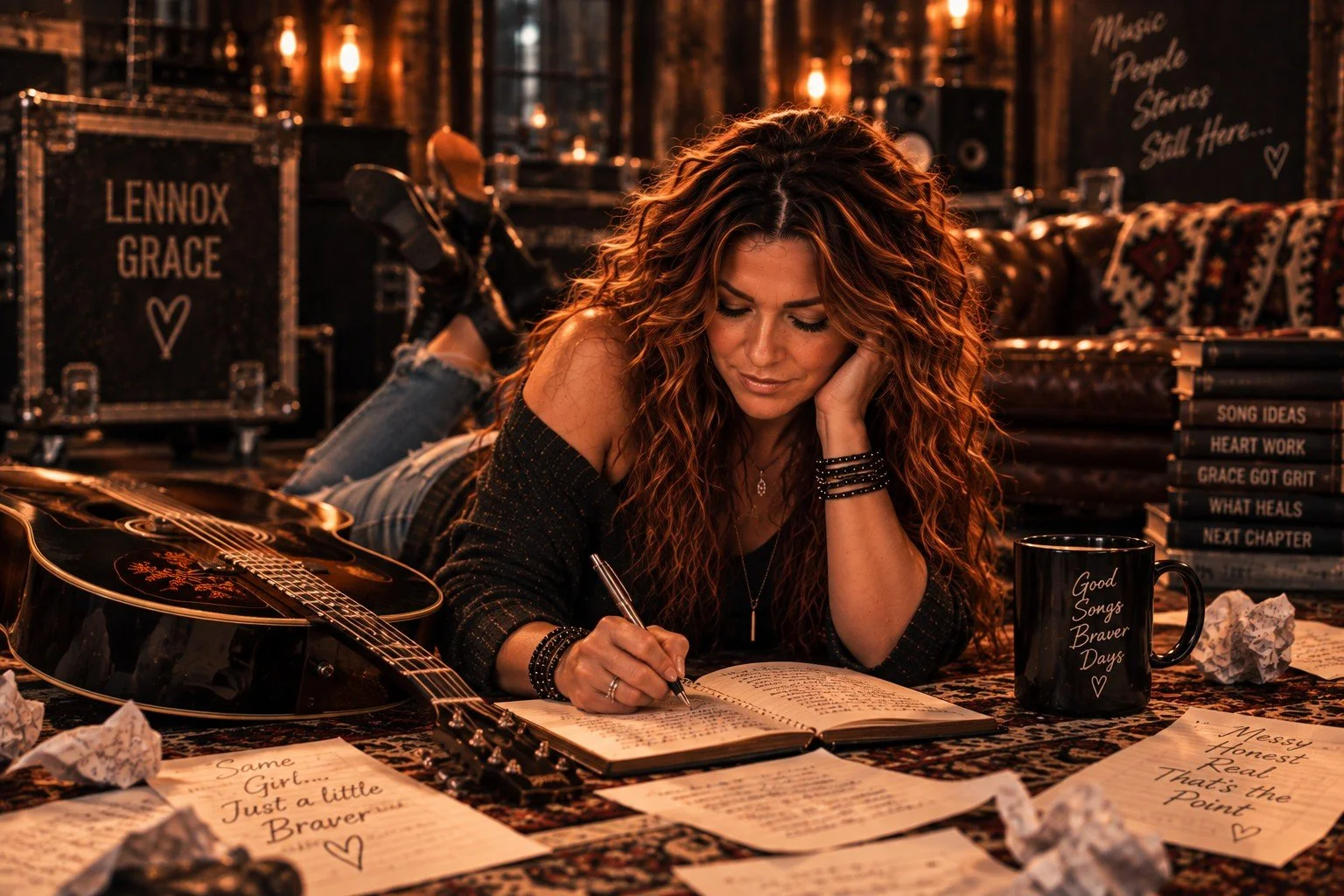 Lennox Grace writing in a notebook on the studio floor beside her guitar