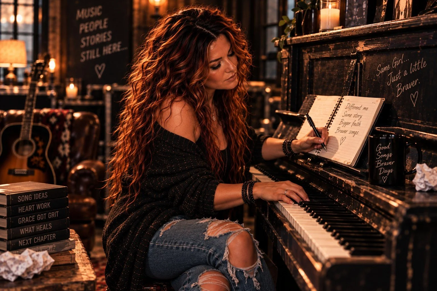 Lennox Grace writing in a notebook at an upright piano