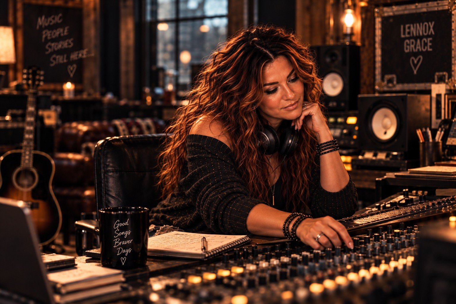 Lennox Grace seated at the studio mixing console