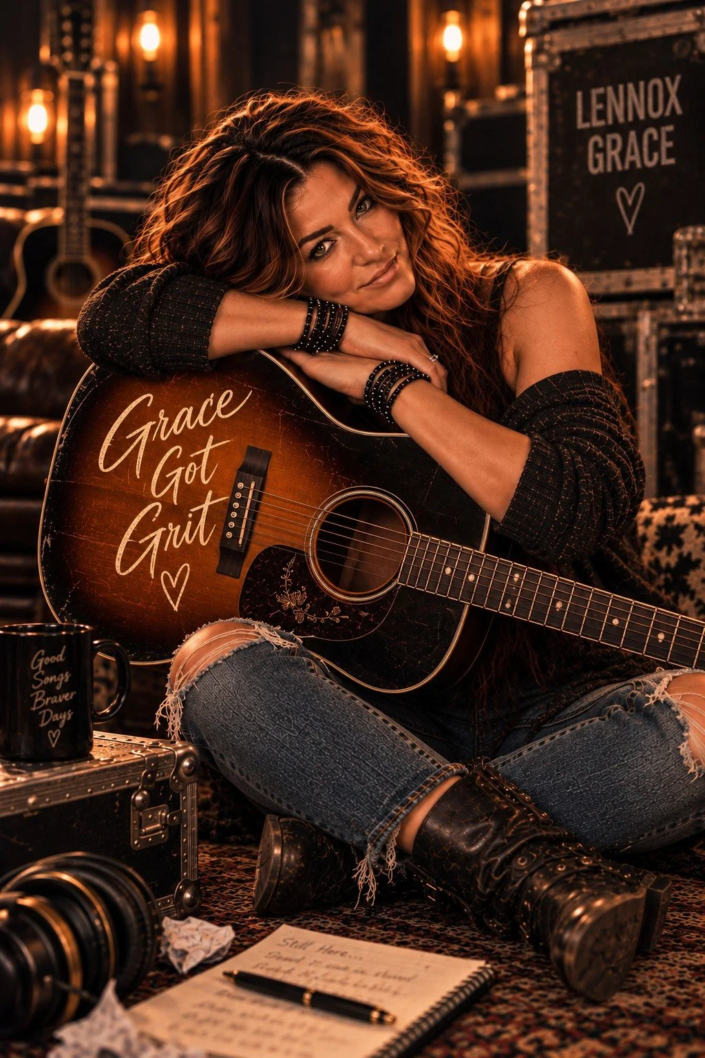 Lennox Grace resting her head on an acoustic guitar with Grace Got Grit lettering