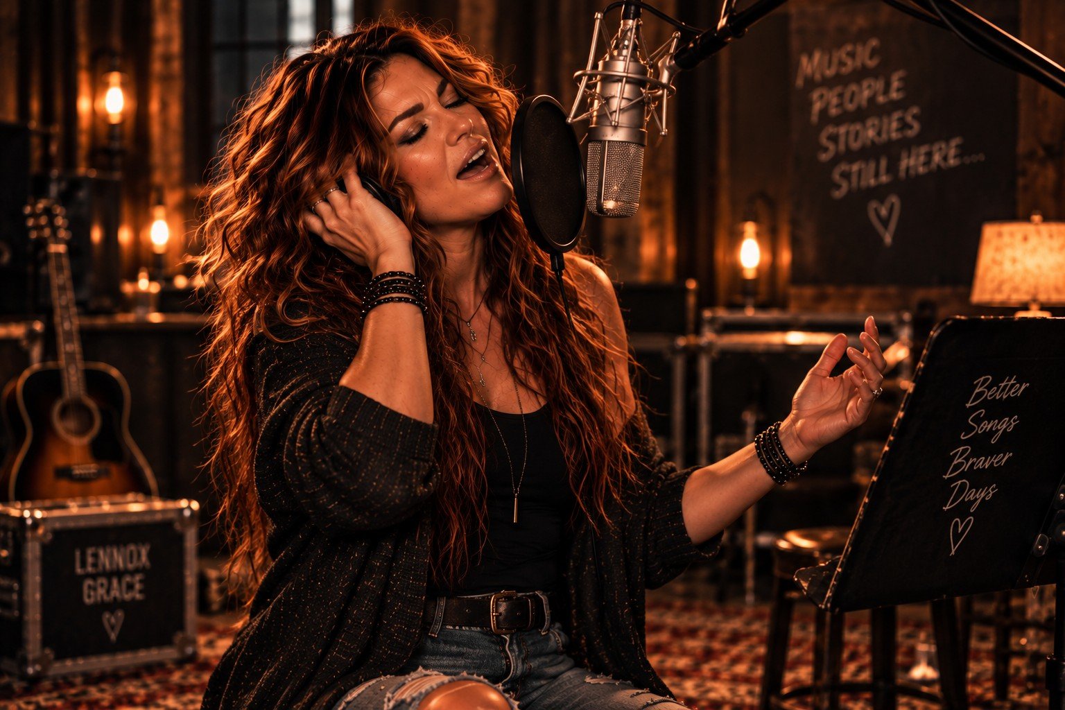 Lennox Grace singing into a studio microphone