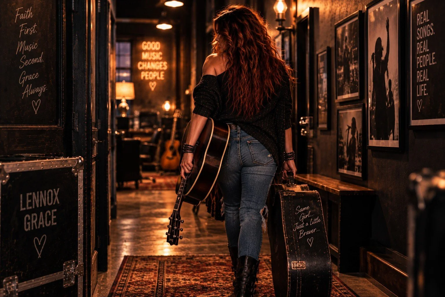 Lennox Grace walking through the studio with a guitar and case