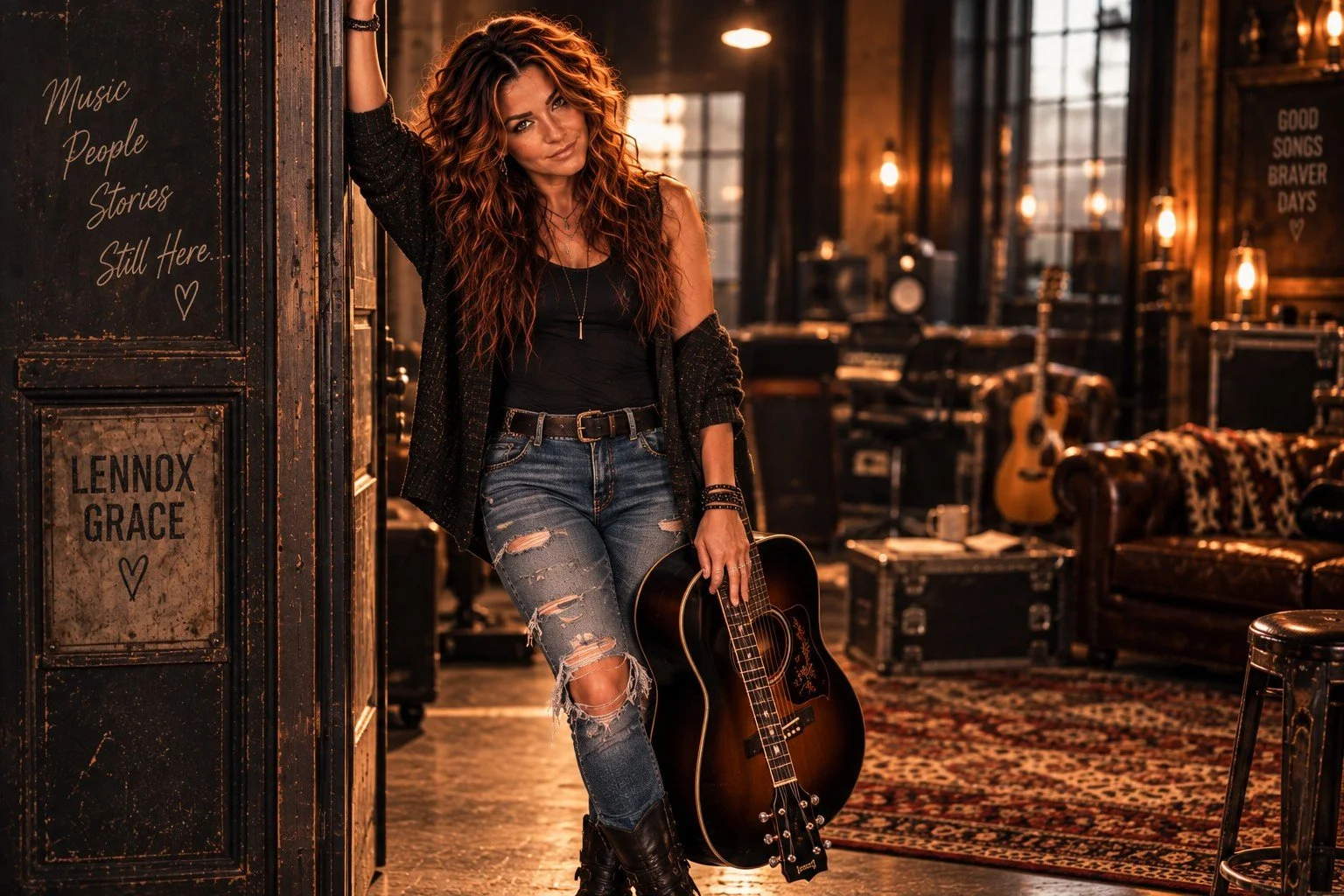 Lennox Grace in a rustic studio doorway holding an acoustic guitar