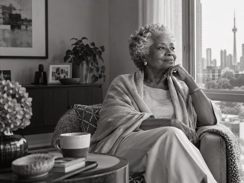 An older woman at home beside a window