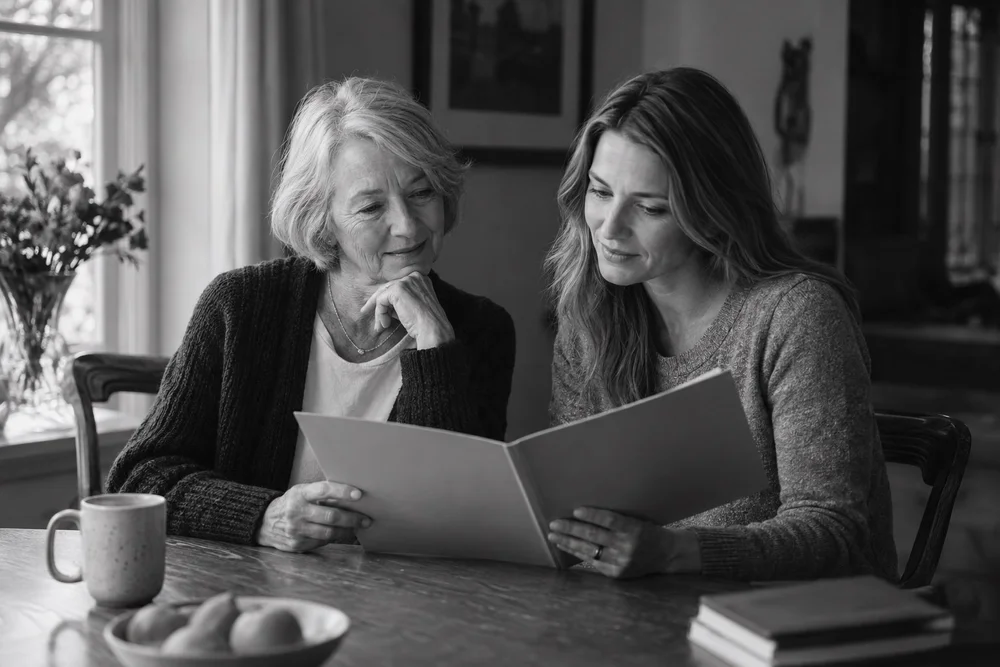 An older woman and her adult daughter reviewing care-planning information