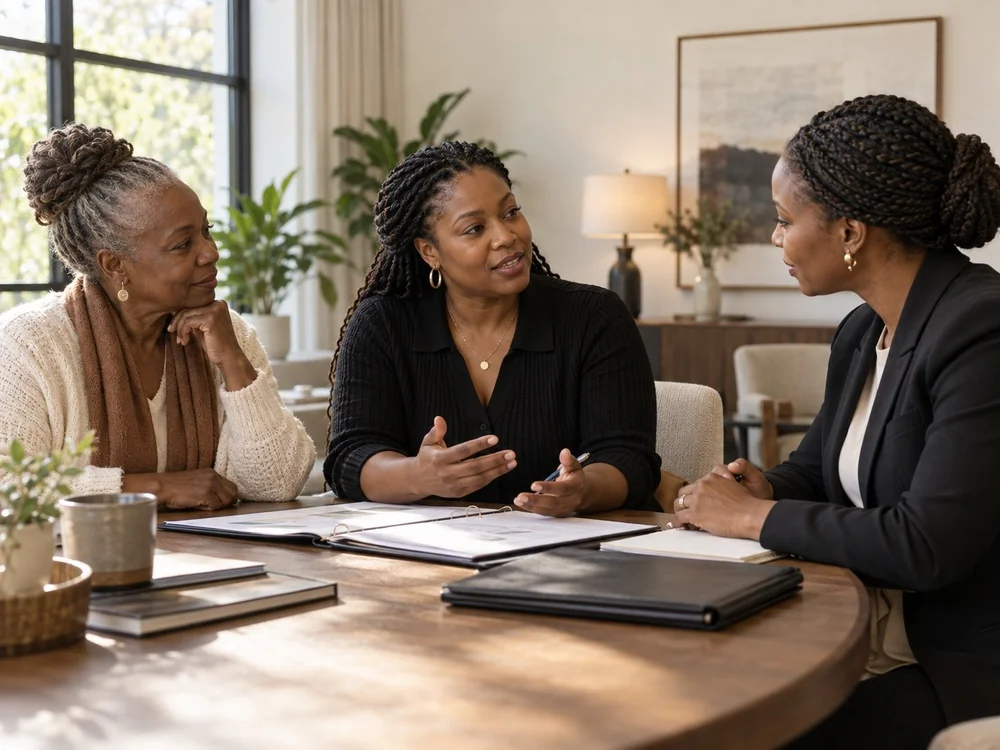 A family discussing care priorities together