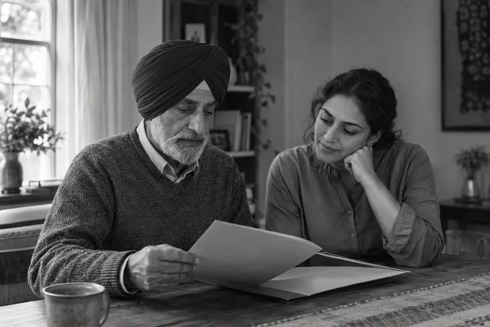 An older Sikh man and a family member reviewing a care-planning folder