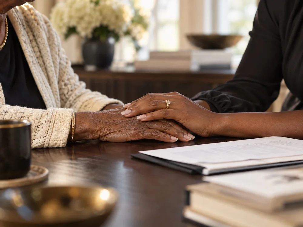 A reassuring hand resting gently on an older person’s hand
