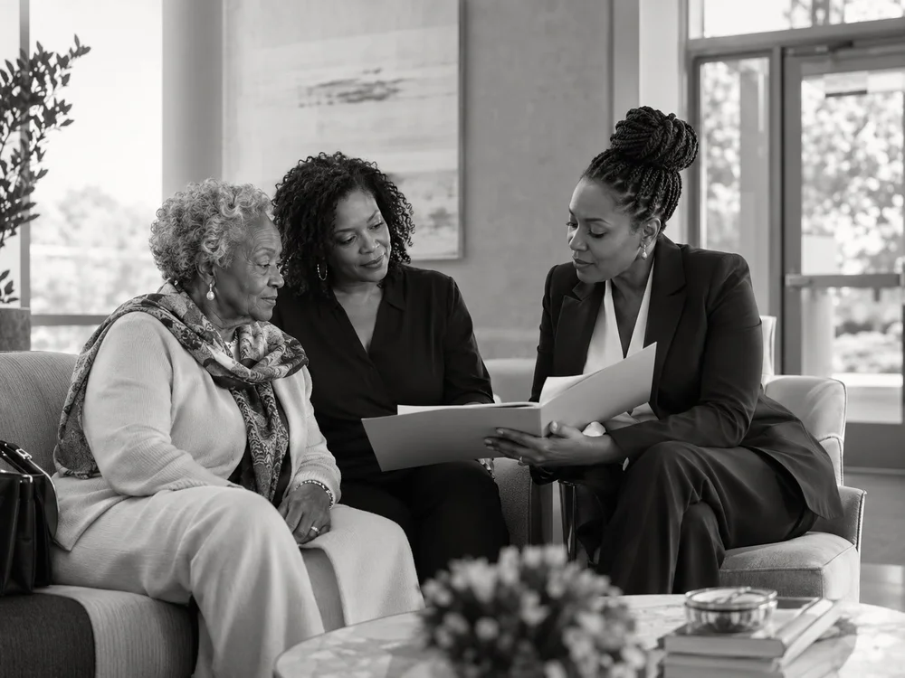 An older woman and a family member discussing care options with a professional