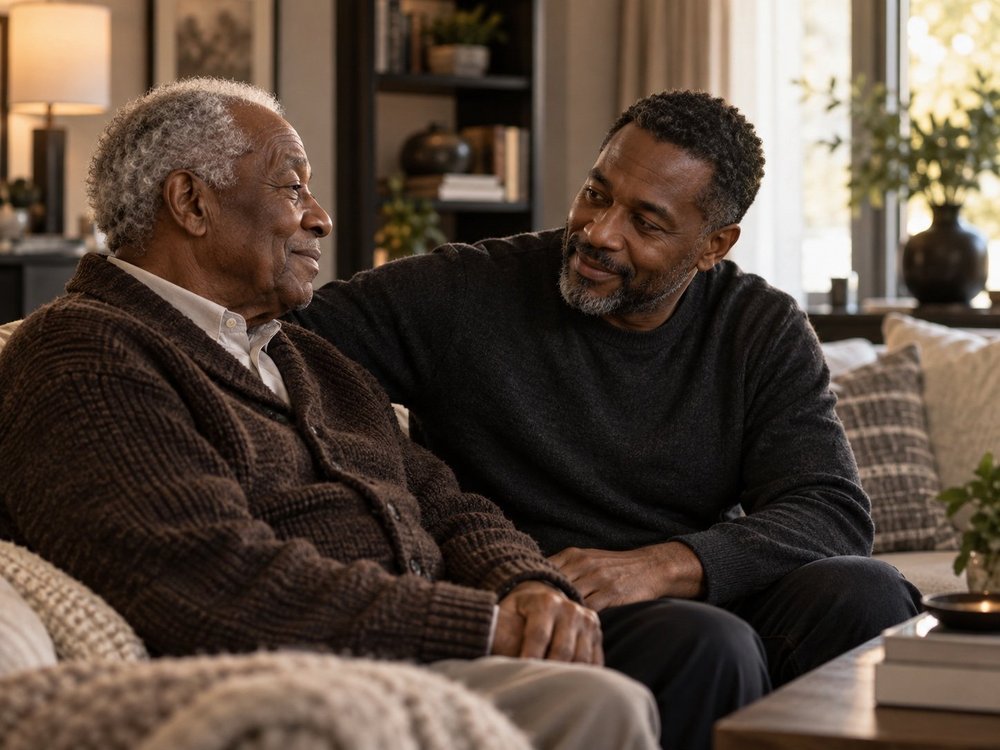 An older man sharing a quiet conversation with a family member