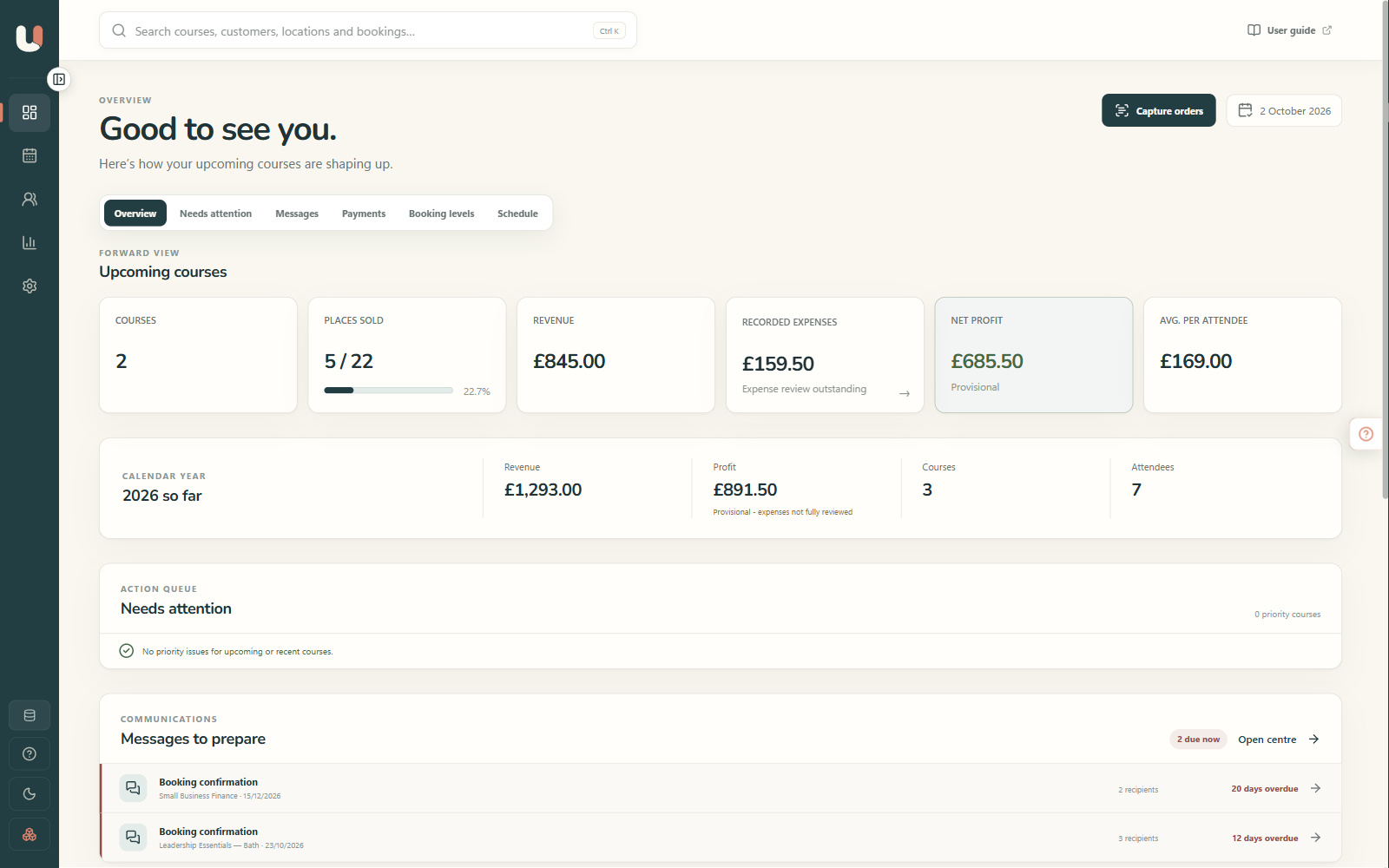 Useful Course & Class Manager dashboard showing upcoming courses, places sold, revenue and tasks needing attention