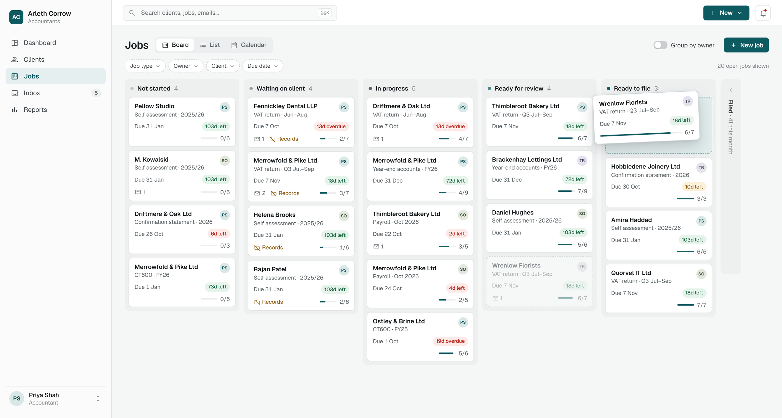 Jobs board with owners, deadlines and stages from not started through review to ready to file.