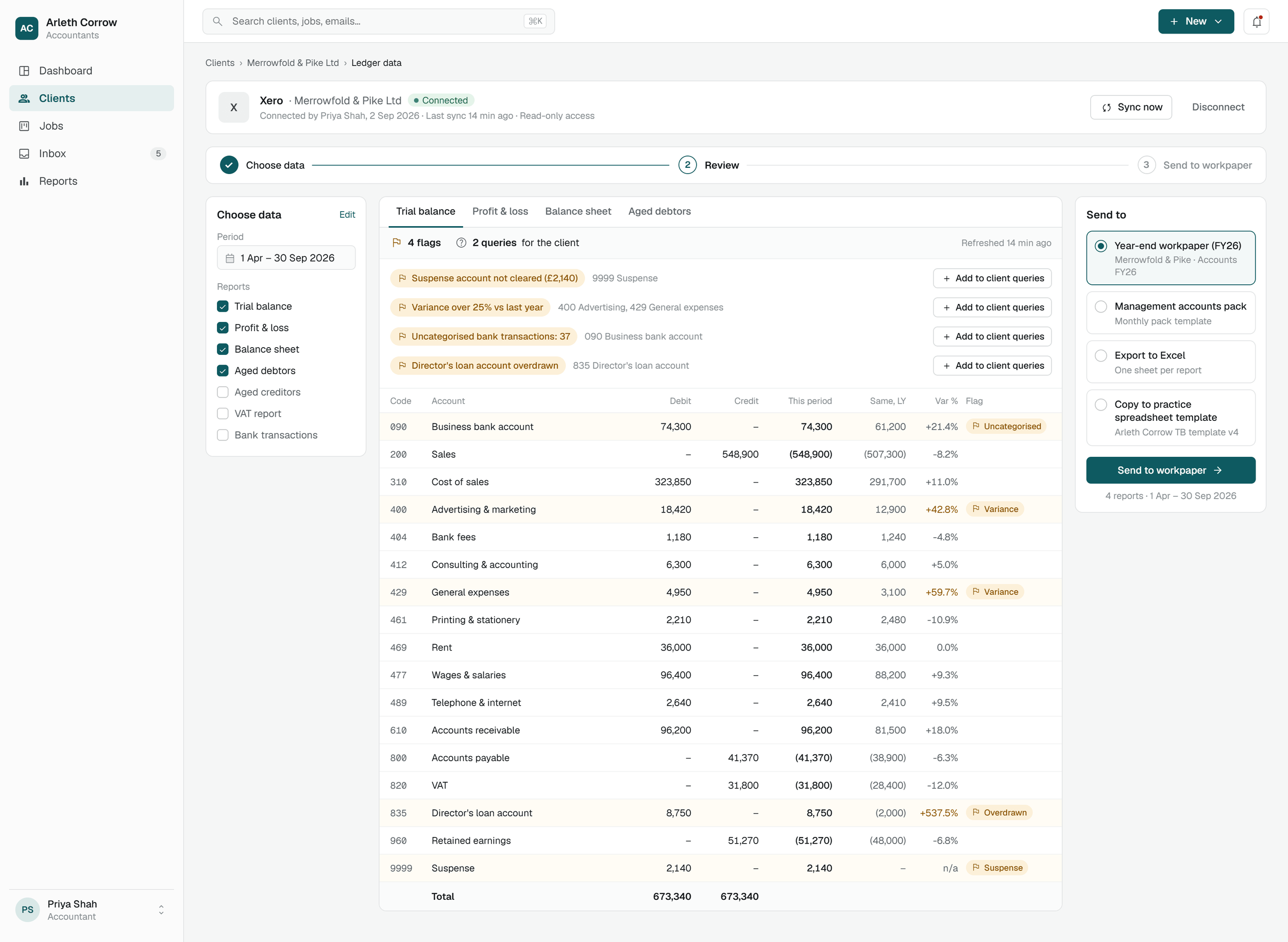 Ledger-review interface showing selected reports, review flags, client queries and workpaper destinations.
