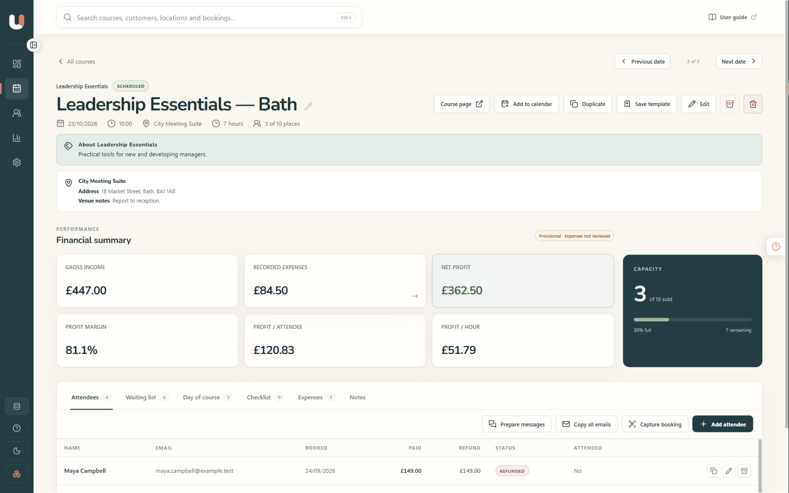 Course detail screen showing attendees, payments, checklist and profitability