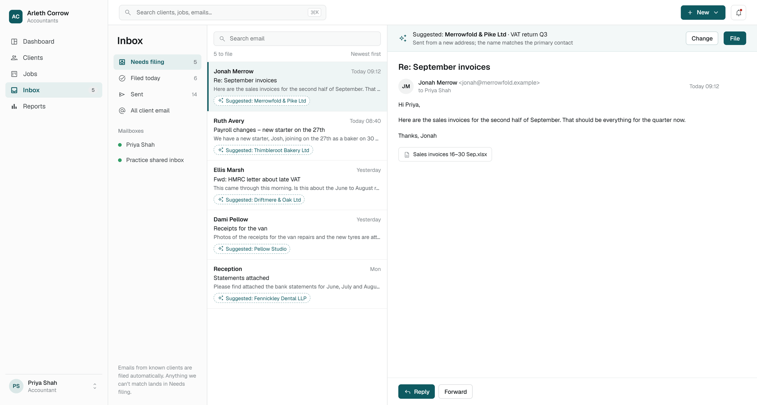 Email filing view showing an anonymised message and a suggested client and job association.