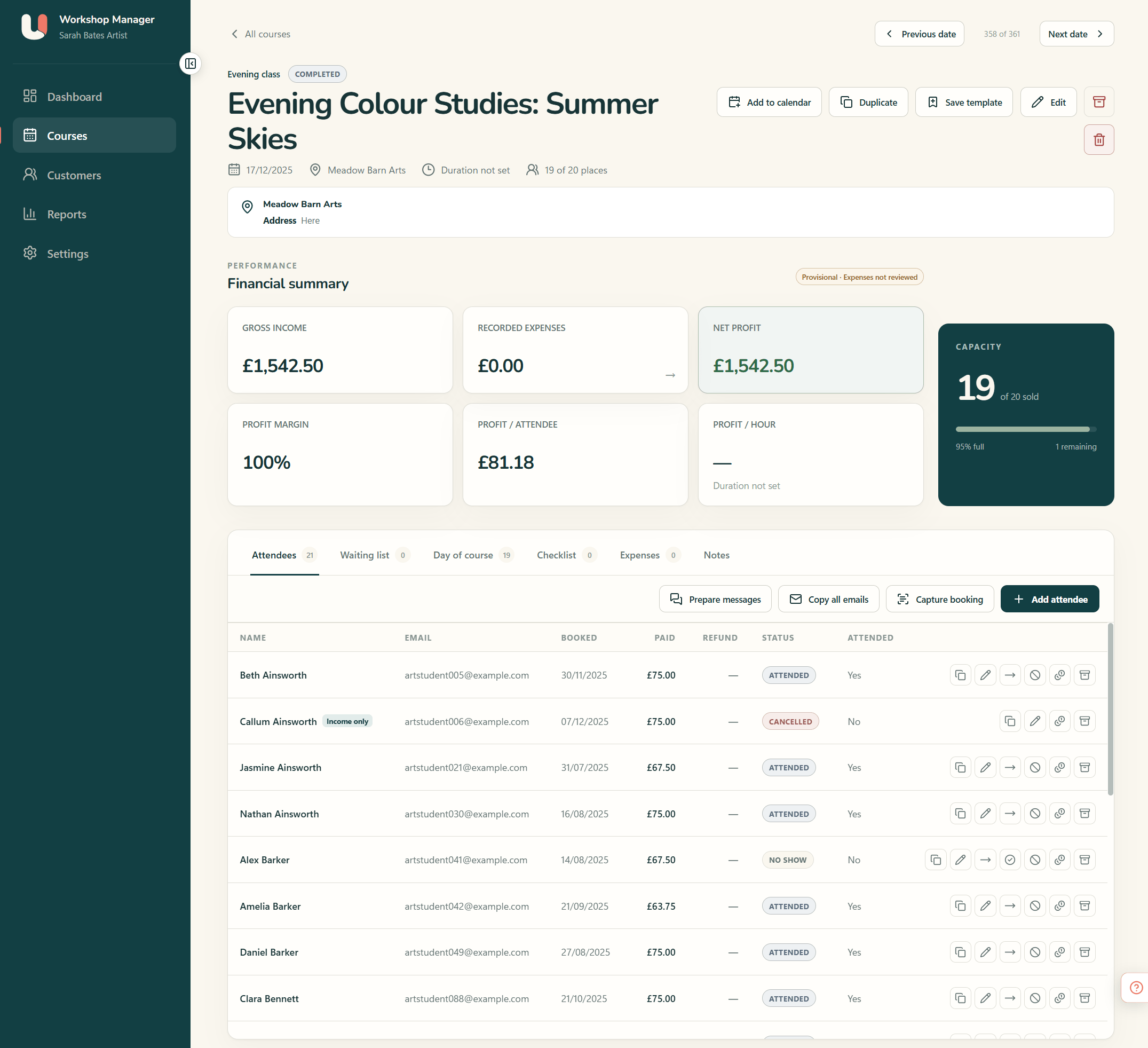 Workshop Manager course details with a financial summary, capacity and attendee list.