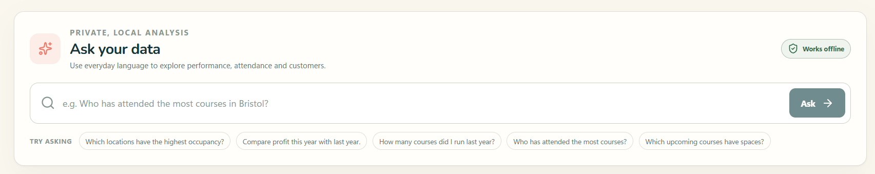 Ask your data: explore performance, attendance and customers using everyday language.