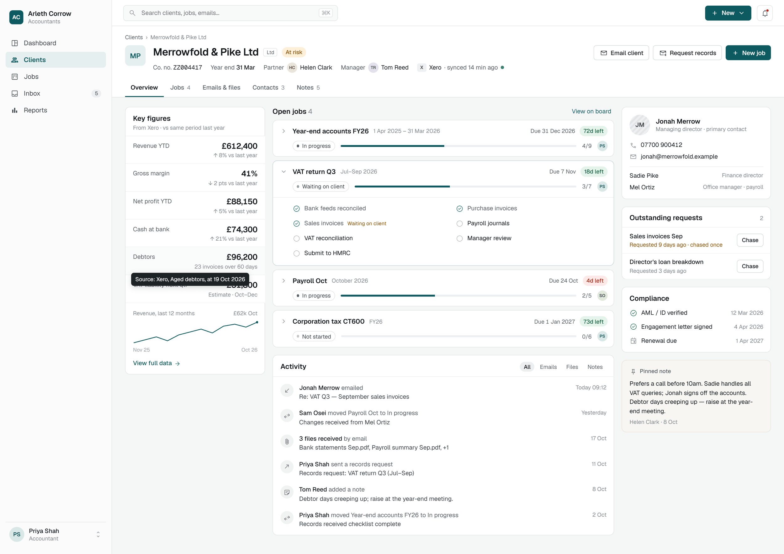 Client workbench displaying the source report and date for a financial figure.