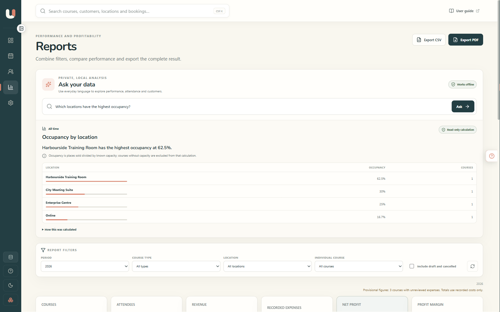 Ask your data comparing course occupancy by location