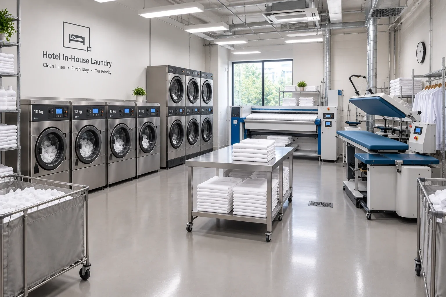 Illustration of a hotel laundry with compact washers, dryers and pressing stations