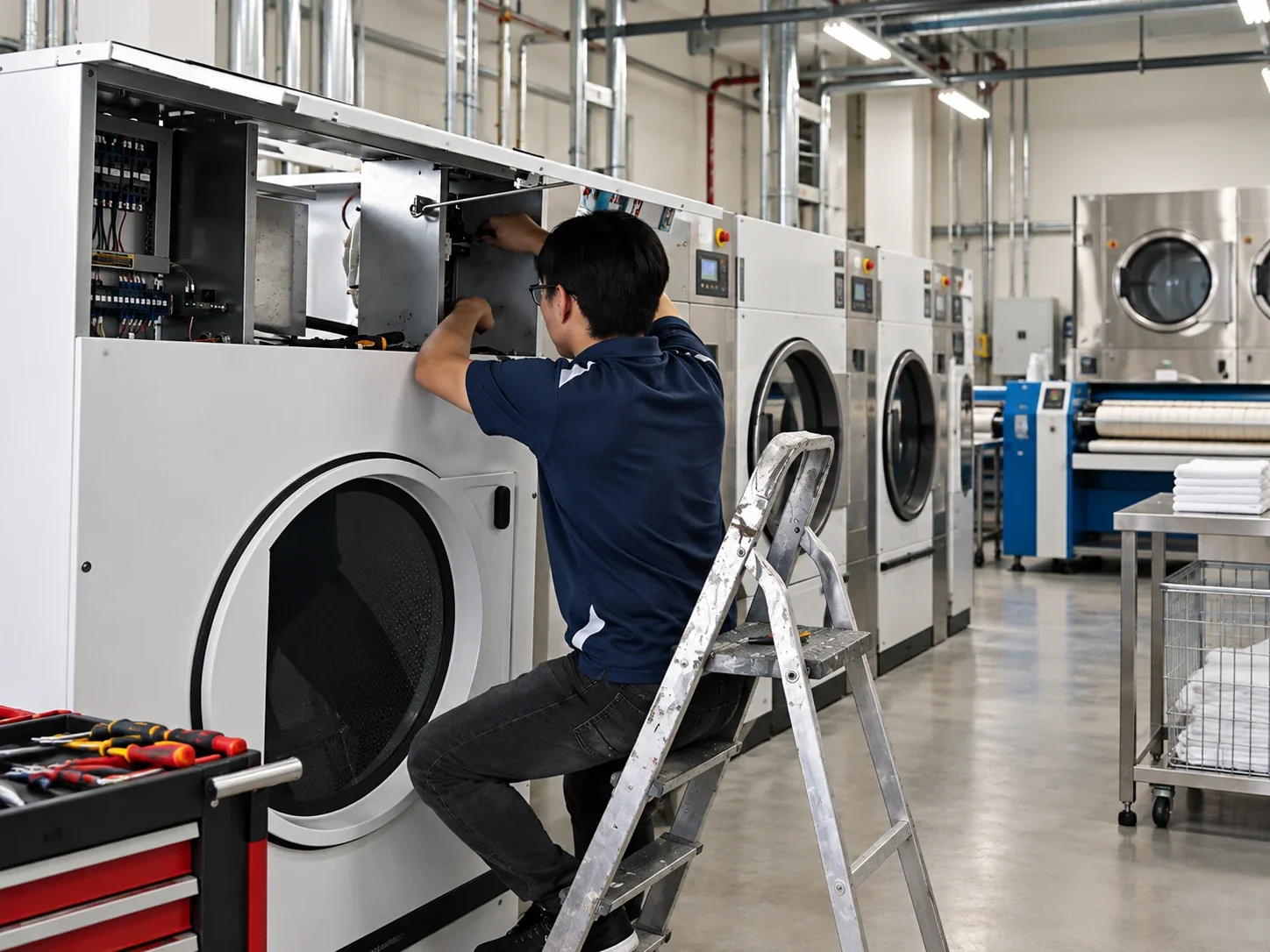 Illustration of a technician in a navy shirt servicing commercial laundry equipment