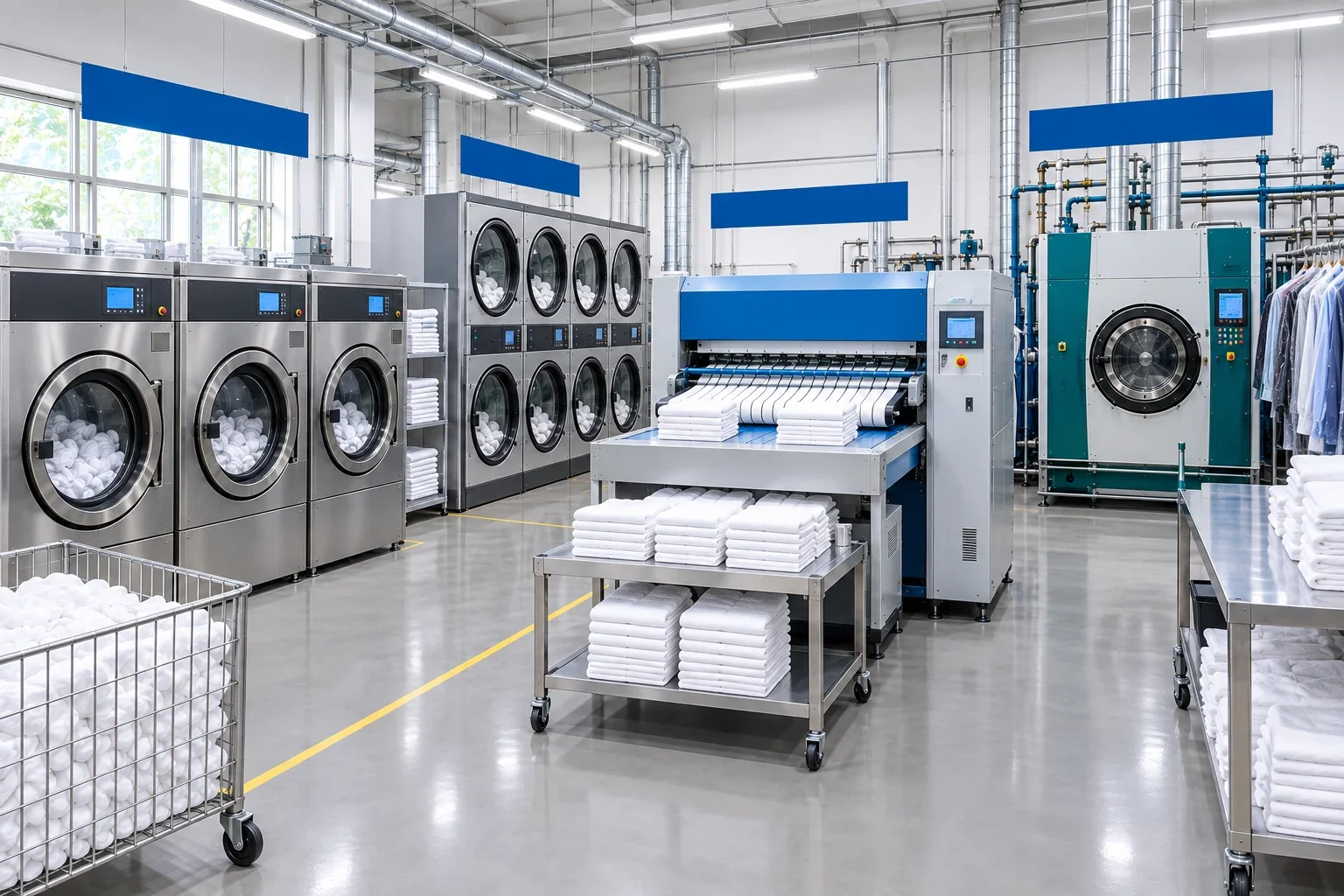 Illustration of a modern commercial laundry with washers, dryers and linen finishing equipment