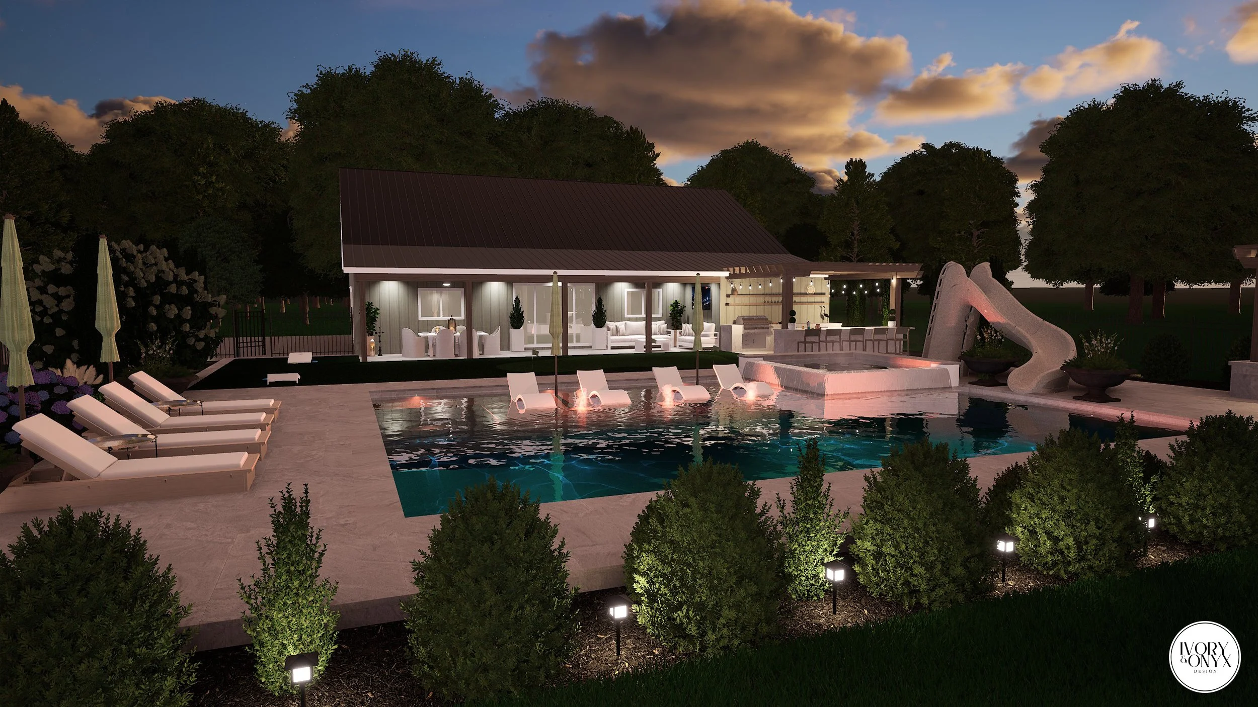 High-end pool and landscape backyard design with water slide and separate pool house
