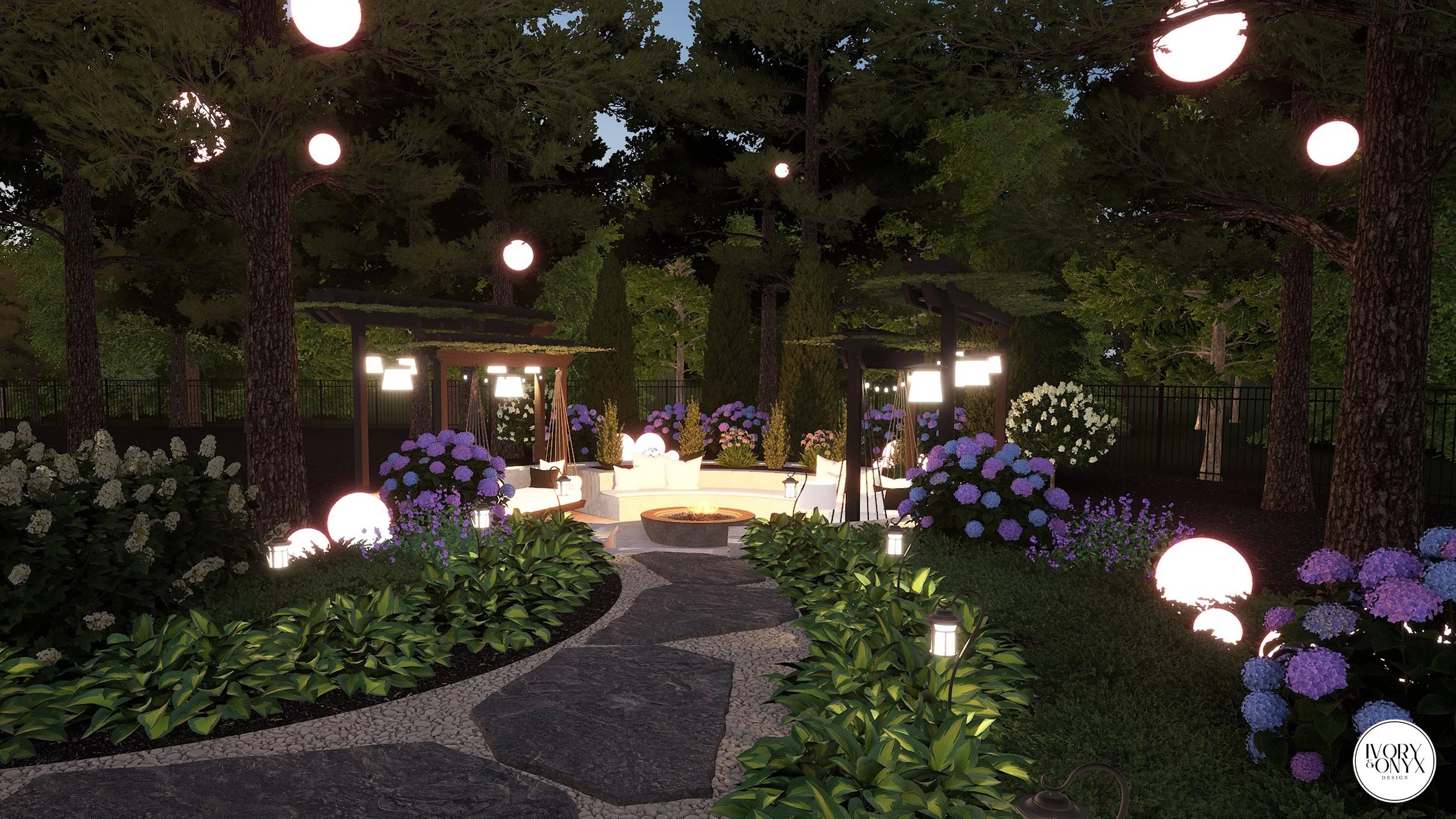 Backyard oasis with fire pit, ambient lighting, ample seating for a memorable evening with friends and family