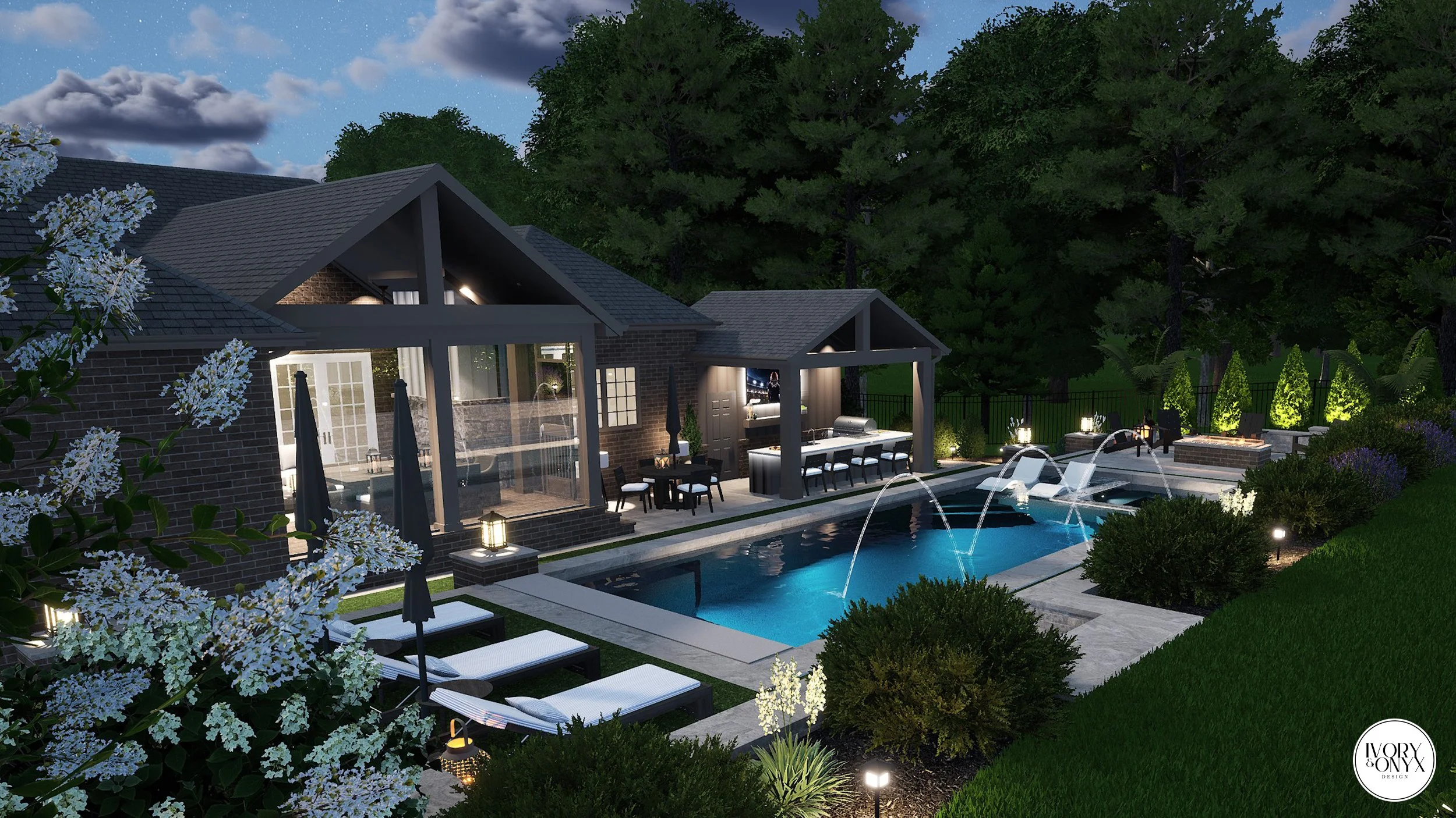 Luxurious Back Yard Pool Design with Fire Pit for relaxing with friends and family